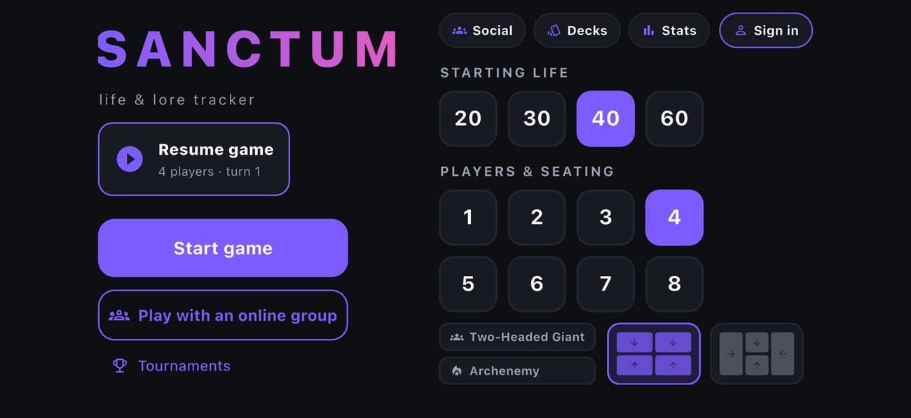 The Sanctum home screen, with Social, Decks and Stats at the top and quick game setup below.